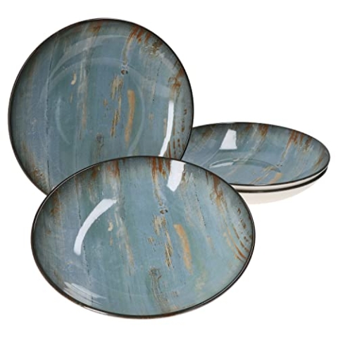 Bonna Madera Mint ENVISIO 4er Set Suppenteller 25 cm I Beilagen-Schüssel I Tiefe Suppenschalen ofenfest I Soup-Bowl Pastateller I Premium-Porzellan Spaghetti-Teller Vintage in Holzoptik mit 3D-Effekt