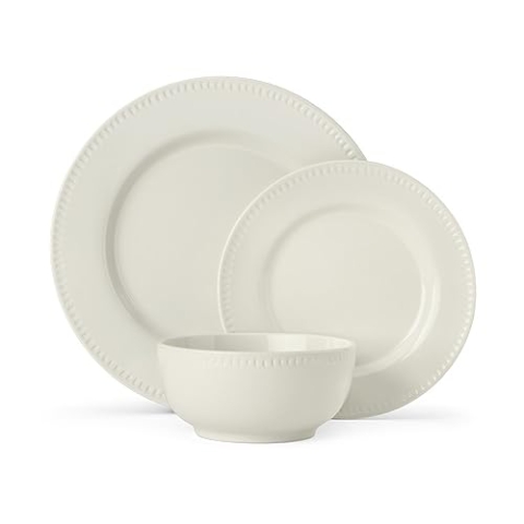 Mikasa Cranborne 12-teiliges Steingut-Geschirr-Set in Creme | Geschenkpackung für 4 Personen mit Tellern, Beilagentellern und Müslischalen - spülmaschinen- und mikrowellenfest