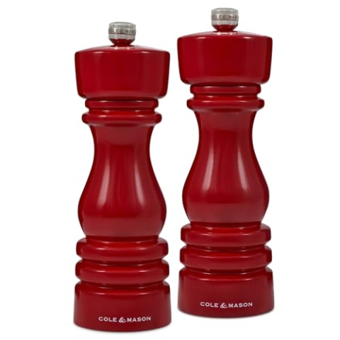 Cole & Mason H233101 London Salz und Pfeffermühle, 2er Set Manuell mit Einstellbar, Holz, Rot, 18cm, Precision+ mit Keramikmahlwerk und Carbonmahlwerk, Gewürzmühle, Mühlen für Salz, Pfeffer