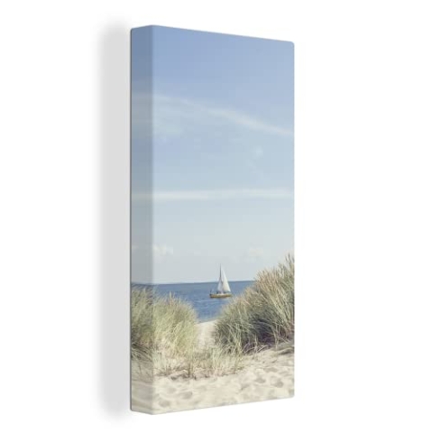 MuchoWow Leinwand Bilder, Einzigartige Wanddeko mit Rahmen, Nordsee - Dünen - Boot, Wandbilder Wohnzimmer, Deko Schlafzimmer 40x80 cm