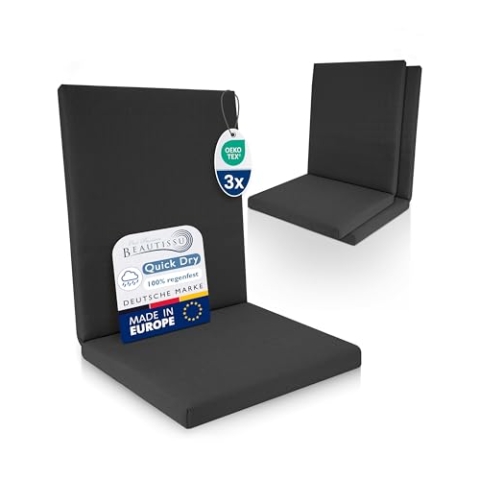 Beautissu 3er Set Premium Niedriglehner Auflage 100% Wasserdicht 100x50cm – UV-beständig Bequem Pflegeleicht Waschbar Sitzkissen Gartenstuhl – Polsterauflage Gartenmöbel Stuhlauflage Anthrazit