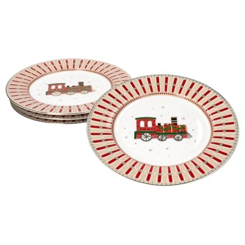 MamboCat 4er Set Polar Train Kuchenteller I Ø 19,2cm I Porzellan-Frühstücksteller mit rot-goldenem Weihnachts-Dekor für 4 Personen I Service für Salat, Dessert & Co