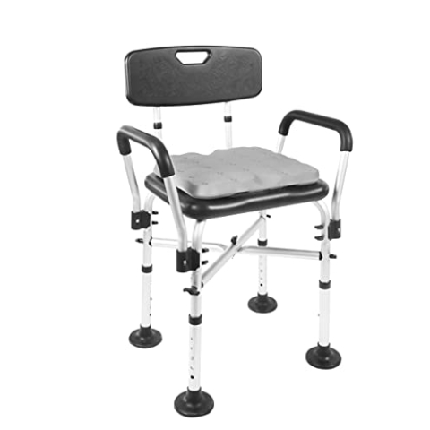 KMINA - Duschstuhl für Senioren 150 kg, Doppelt Verstärkter Querbalken, Kissen, Höhenverstellbar, Badstuhl mit Lehne, Schwarz, Montage ohne Werkzeug - Made in Europe
