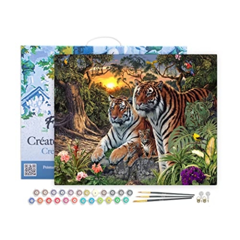Figured'Art Malen Nach Zahlen Erwachsene Mit Rahmen Tiger Familie - Paint by Numbers Basteln DIY Bastelset 40x50cm Leinwand gespannt auf Holzrahmen