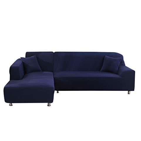 ele ELEOPTION Sofa Überwürfe elastische Stretch Sofa Bezug 2er Set 3 Sitzer für L Form Sofa inkl. 2 Stücke Kissenbezug (Dunkelblau)