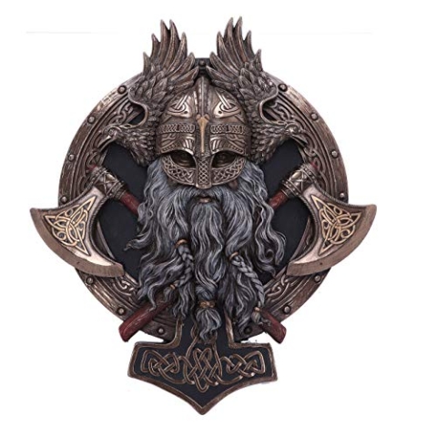 Nemesis Now Wandschild, Bronze für Valhalla, Wikingeraxt, Hammer, Rabe, 27 cm