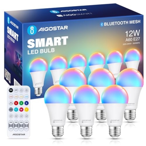 Aigostar Mesh - 12W Alexa Glühbirne Bluetooth Mesh A60, Smarte Glühbirne Funktioniert mit Alexa, Smart Bulb E27 LED 1150LM RGB & 2700K-6500K, 6 Stücke (mit Bluetooth-Fernbedienung)