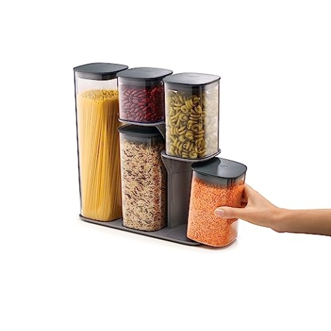Joseph Joseph - Ensemble de 5 Boites de Rangement Cuisine, Hermetiques avec Support fonctionnel - Gris