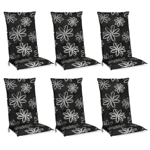 Beautissu 6er Set Hochlehner Auflage für Gartenstuhl 120x50 cm Flores – 6cm Dicke Polster Auflage Sitzpolster Hochlehner UV-Lichtecht – Gartenstuhlauflage schwarz mit Blumen