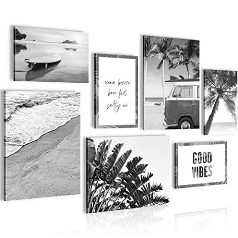 Novart Wandbilder Strand Meer - KOMPLETT AUFHÄNGFERTIG - Schwarz Weiss Wohnzimmer Schlafzimmer Flur - 7 Moderne Mood-Bilder - N010371a