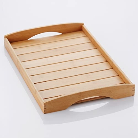 Point-Virgule Serviertablett aus Bambus mit Handgriffe, großes holztablett rechteckig für Küche, Bambus, 48x33x6cm