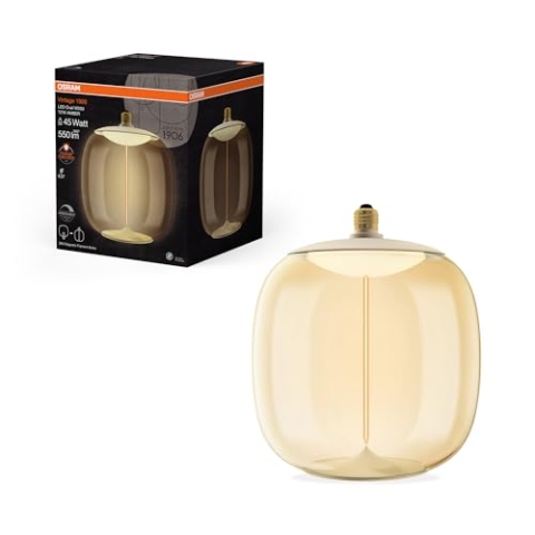 OSRAM Vintage 1906 Big Oval ist eine dimmbare, dekorative Lampe aus Kunststoff mit LED-Glüwendel-Magnet-Technologie. Sie bietet 12 W, 1800K, E27 Fassung, Bernstein Design, 250 mm Durchmesser, CRI 80.