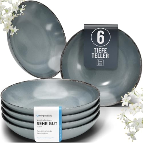 Steingut Suppenteller 6 Pers. Rustic Hochwertiges Landhausstil TEST SEHR GUT Tiefe Teller Set - Kratzfest, Für Spülmaschine, Mikrowelle - Pasta Teller Tief Groß - Pure Living Geschirr in Rauchblau