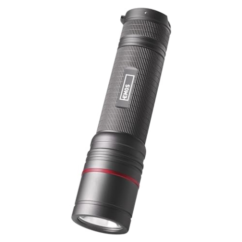 EMOS - aufladbare CREE-LED-Metall-Taschenlampe - 3 Lichtmodi - Ultibright 90 mit Fokus - stoßbeständig- wasserdicht - superhell 1200lm, max. 280m - Inkl. Band und Beutel - für Innen- und Außen- grau