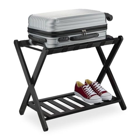 Relaxdays Kofferständer, klappbar, Bambus, HBT: 56x68,5x41,5 cm, Gepäckständer mit Ablage, Kofferablage Hotel, schwarz