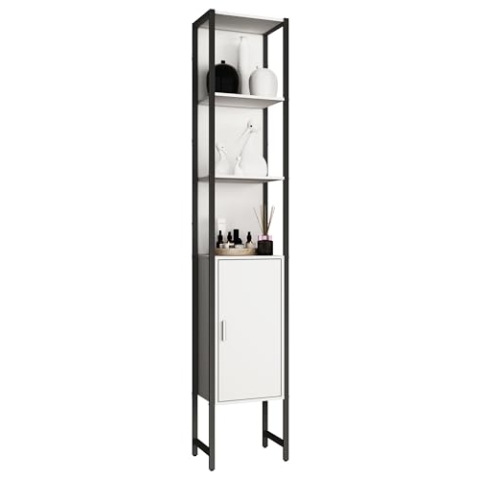 VCM Holz Badezimmerschrank | Badmöbel Metall Industrial Style | Stand Badregal | Hochschrank | Maße ca. H. 185 x B. 33 x T. 30 cm - Edino Weiß