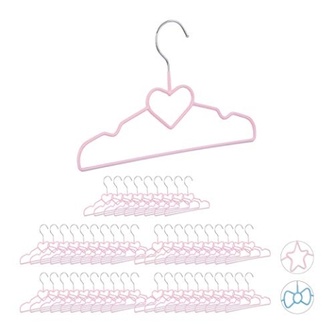 Relaxdays 50 x Kinderkleiderbügel Herz, Drahtbügel, Babybügel, dekorativ & platzsparend, Kinderbügel Metall, 30 cm, rosa