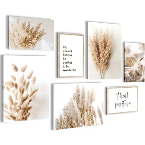 Novart Wandbilder Boho Pampasgras - KOMPLETT AUFHÄNGFERTIG - Beige Wohnzimmer Schlafzimmer - 7 Moderne Mood-Bilder - N005671a