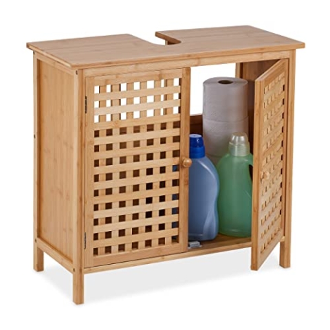 Relaxdays Waschbeckenunterschrank, HxBxT: 61 x 66 x 30 cm, 1 Fach, Bambus & MDF, Badunterschrank Waschbecken, Natur