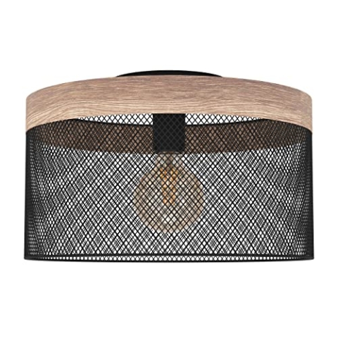 EGLO Deckenlampe Klinsdale, Deckenleuchte mit Draht-Lampenschirm, Wohnzimmerlampe aus Metall in Schwarz und Holz in Nussbaum, Deckenbeleuchtung mit E27 Fassung