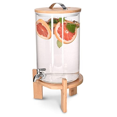 Navaris 7L Getränkespender mit Zapfhahn aus Edelstahl - Glas Wasserspender mit Stand aus Bambus Holz - Spender aus hitzebeständigem Borosilikatglas