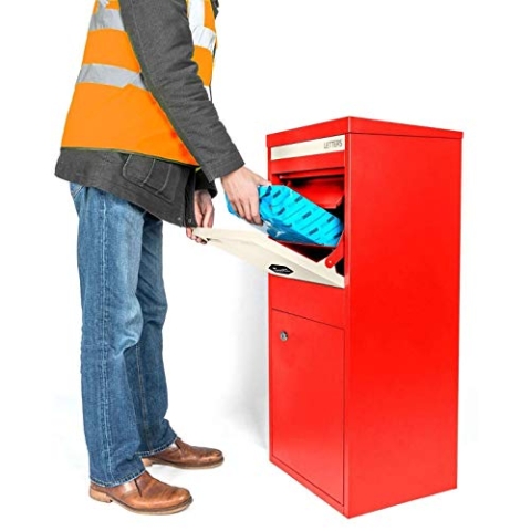 SMART PARCEL BOX Paketbox draußen, Standbriefkasten mit Paketfach, Paketbriefkasten XXL, große Postbox für Pakete Outdoor, Paketkasten Entnahme hinten & vorne, rostfrei, verzinkter Stahl, rot