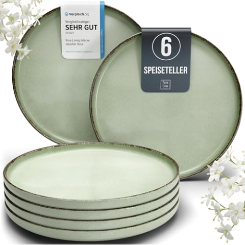 Steingut Teller groß 6 Pers. Rustic Hochwertiges Landhausstil TEST SEHR GUT Steingut Speiseteller Set - Spülmaschinen-, Mikrowellen- und Kratzfest - Stylisches Essteller Set - Pure Living in Mintgrün