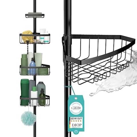 Teleskop Duschregal schwarz mit 3 Fach Anti-Rost Schutz (Version 2.0) - Stabiles & flexibles 105-270cm Duschregal Teleskop ohne Bohren - Teleskopregal Bad 4 Körbe - Klemmregal Dusche und Badewanne