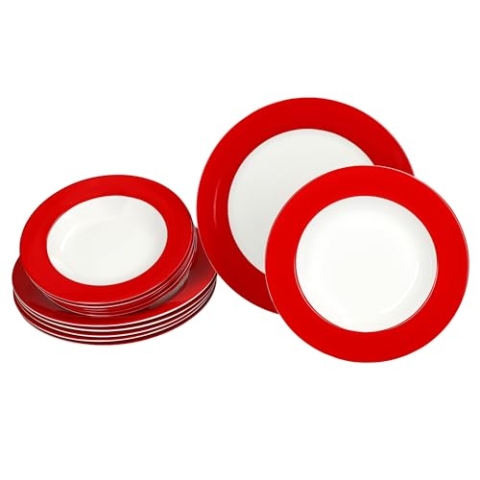 MamboCat Variant Rot 12tlg Tafelservice I farbiges Porzellan-Geschirr für 6 Personen I bunte 6x Suppenteller & 6x Speiseteller I Essteller & tiefe Teller für Frühstück, Mittag & Abendbrot