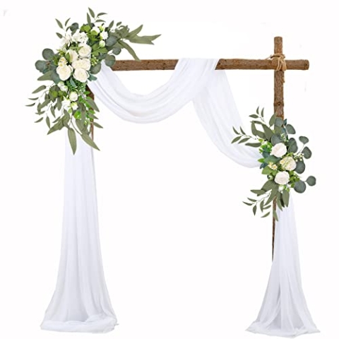 BestAlice Künstliches Hochzeitsbogen-Blumen-Set (3er-Set), 2 künstliche Blumengirlanden mit 1 weißem Drapierstoff für Hintergrunddekoration, Weiß 4