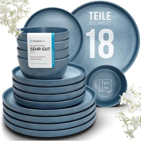 Steingut Geschirrset 6 Pers. 18-tlg Hochwertiges Urban Style TEST SEHR GUT Steingut Geschirr Set - Schüssel- und Teller Set - Tafelservice 6 Personen Geschirrsets Pure Living in matt Blau