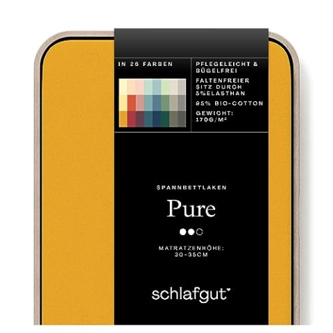 Schlafgut Pure Spannbettlaken 140x200cm bis 160x220cm - 95% Biobaumwolle, 5% Elasthan, Oeko-TEX Zertifiziert, Yellow Deep, Matratzenhöhe bis 35cm