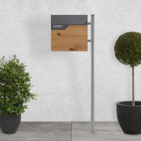 ECD Germany Standbriefkasten mit Zeitungsfach, Design Briefkasten mit Pfosten, Briefkastenanlage, Briefkastenständer Silber 120 cm Edelstahl, Postkasten Anthrazit-Holzoptik Edelstahl pulverbechichtet