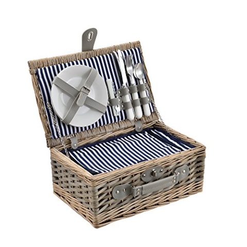 casa.pro Picknickkorb für 2 Personen Picknick-Set mit Kühltasche inkl. Geschirr Besteck Korkenzieher und Gläser Blau-Weiß