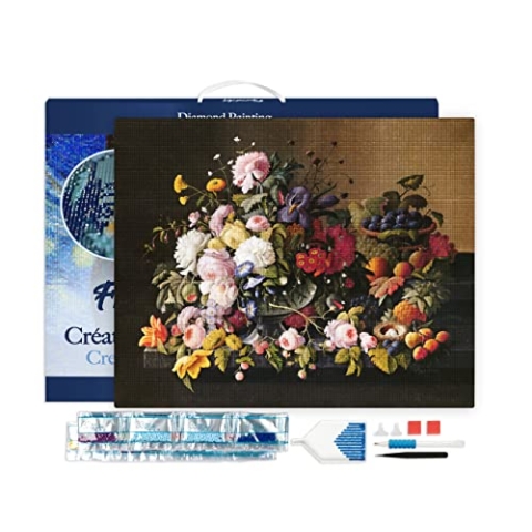 Figured'Art Diamond Painting Erwachsene 40x50cm Mit Rahmen Ganze Leinwand gespannt Blumen und Obst Severin Roesen 5D Bilder Eckige Steine - DIY Set Basteln