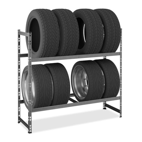Relaxdays Reifenregal für 8 Reifen, HxBxT: 100x110x35 cm, 150 kg, beschichteter Stahl, Stecksystem, Räderregal, Silber