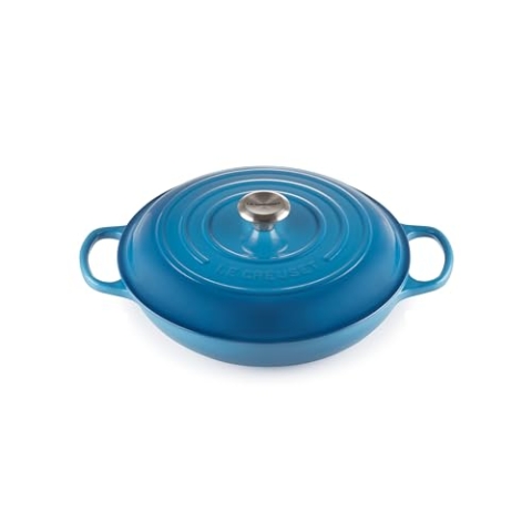 Le Creuset Signature emaillierte flache Auflaufform aus Gusseisen mit Deckel, 30 cm, 3,2 Liter, Marseille Blue, 211803020