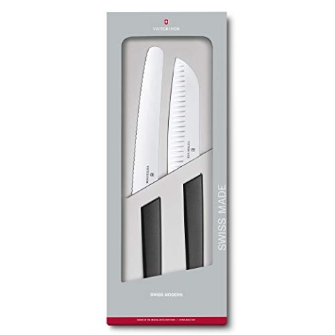 Victorinox Swiss Modern Messer Set, 2-teilig, Brotmesser, Santokumesser, Extra Scharf, Robuster Kunststoffgriff, schwarz