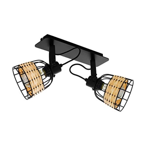 EGLO Deckenlampe Anwick 1, 2 flammige Deckenleuchte Vintage, Boho, Deckenstrahler aus Stahl und Rattan, Wohnzimmerlampe in Schwarz, Natur, Küchenlampe, Spots mit E27 Fassung