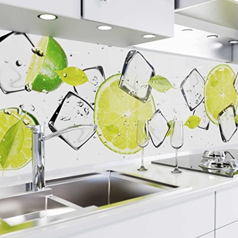 danario Küchenrückwand selbstklebend - Glasoptik - Spritzschutz Küche - versteifte PET Folie - 0,8 mm - Limetten - 60cm x 340cm