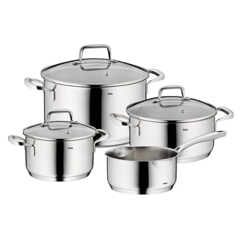 Kela 10201 Topfset Induktion 4teilig FLAVORIA, Kochtopf Set mit Glasdeckel mit Dampfauslassventil, Innenskalierung, unbeschichtet, Edelstahl 18/10, 1.3 liters, Silber glänzend