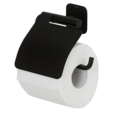 Tiger Colar Toilettenpapierhalter mit Deckel zum Kleben, Edelstahl, Schwarz pulverbeschichtet, mit integrierter Klebefolie zur Montage ohne Bohren, 14,6x13,3x3,5 cm