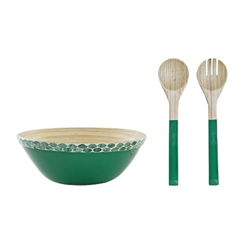 DKD Home Decor Salatschüssel, Grün, natürlicher Bambus, 3 Stück (30 x 30 x 11 cm)