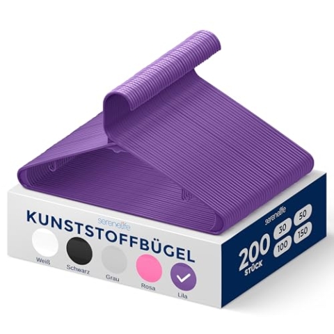 SereneLife Lila Kleiderhacken, Kleiderbügel Kunststoff 200 Stück, Plastic Clothes Hanger for Home, Kinderkleiderbügel & Erwachsene für Garderobenhaken, Aufhänger für Garderoben zu Hause & Outdoor