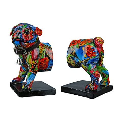 Casablanca Deko 1 Paar Buchstützen CD Ständer - Tierfigur Mops Hundefigur mit Halsband Glocke - Design: Street Art Graffiti Rosen - Mehrfarbig Gesamtlänge 22,5 cm