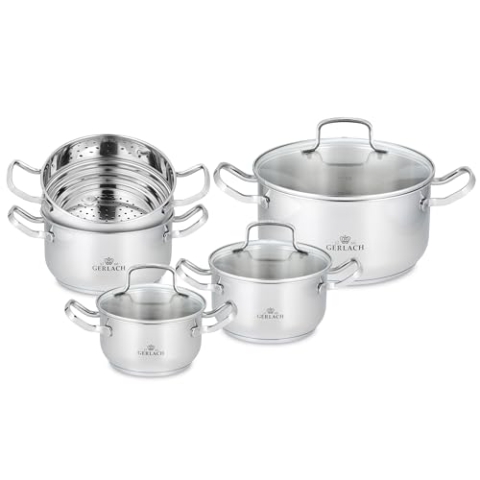 Gerlach Simple Topf-Set aus Edelstahl Kochtopf Töpfe mit Deckel Induktion Induktiontopf Kochgeschirr Induktionsgeeignet mit Dampfer-Topf 4 Stück 1,5 L 16 cm 2,0 L 18 cm 2,5 L 20 cm 4,5 L 24 cm