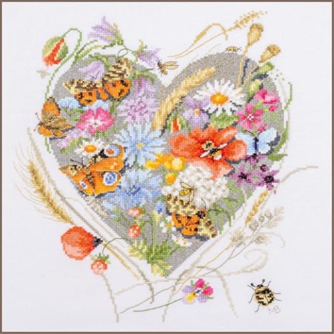 LANARTE Kreuzstich Stickpackungen Gezählter Kreuzstichbilder Set HERZ AUS BLÜTEN Wanddekoration Handarbeit Set für Erwachsene ca. 32 x 35 cm DIY Deko Bastelset Handwerker Kreative Geschenkset