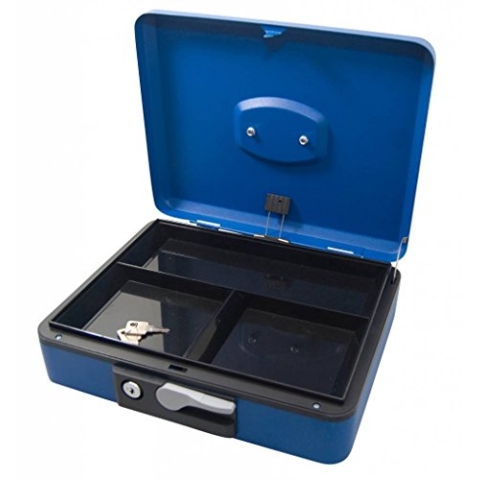 K2M Geldkassette 30cm blau Münzkassette Geldkasse Federdeckel