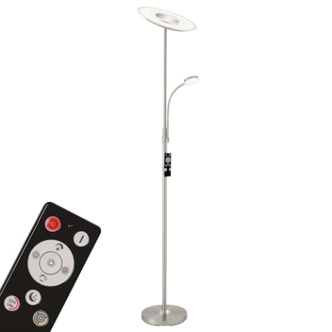 Briloner Leuchten - LED Stehlampe mit Lesearm, Stehleuchte Stufenlos Dimmbar mit Fernbedienung, Metall, 28 W, 2500 Lumen, Matt-Nickel, Höhe: 1.80 m