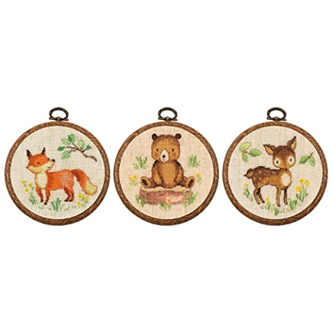 Vervaco Gezählter Kreuzstich Stickpackungen DIY Stickbilder Waldtiere 3er Wanddekoration Handarbeit Set für Erwachsene Zählmusterpackung ca. 10 x 10 cm Kreuzstichbilder Set Hausdeko